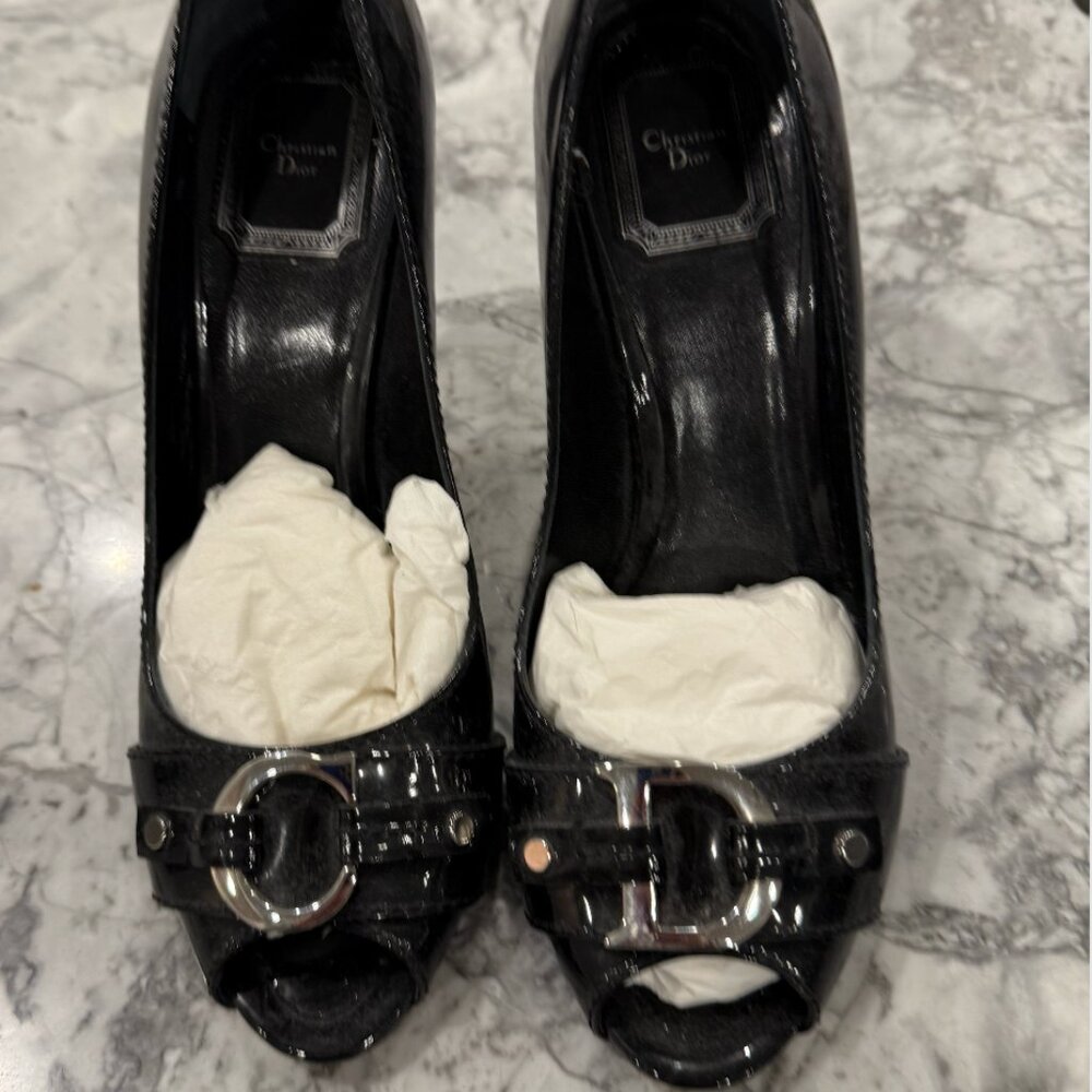 Dior peep-toe black patent shoes in size 7.5
